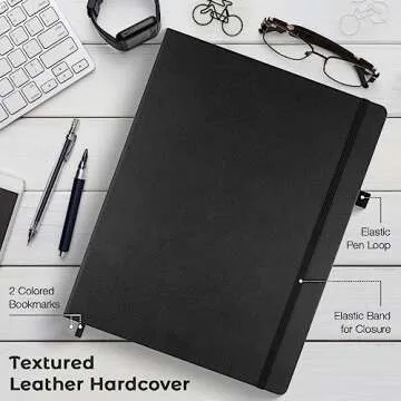 College Ruled Notebook, A4 Hardcover Leather Notebook for Work, Lined Notebook Journal for Women, Men, 192 Thick Paper, Lay Flat, Large Notebook with 2 Pockets, Professional Business Notebook, Black