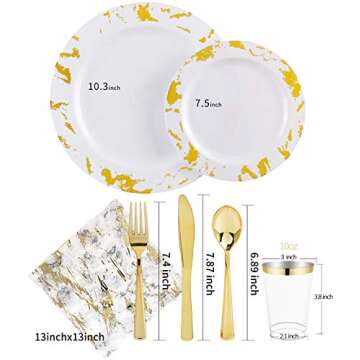 Nervure 175PCS Gold Plastic Plates with Marble Printing & Gold Plastic Silverware:50 Plates, 25 Forks, 25 Knives, 25 Spoons, 25 Cups, 25 Napkins for Thanksgiving & Wedding
