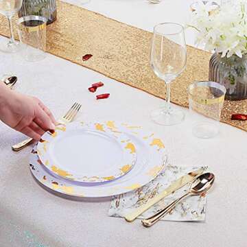 Nervure 175PCS Gold Plastic Plates with Marble Printing & Gold Plastic Silverware:50 Plates, 25 Forks, 25 Knives, 25 Spoons, 25 Cups, 25 Napkins for Thanksgiving & Wedding