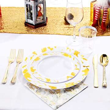 Nervure 175PCS Gold Plastic Plates with Marble Printing & Gold Plastic Silverware:50 Plates, 25 Forks, 25 Knives, 25 Spoons, 25 Cups, 25 Napkins for Thanksgiving & Wedding