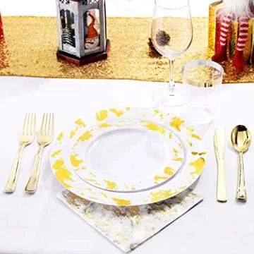 Nervure 175PCS Gold Plastic Plates with Marble Printing & Gold Plastic Silverware:50 Plates, 25 Forks, 25 Knives, 25 Spoons, 25 Cups, 25 Napkins for Thanksgiving & Wedding