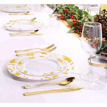 Nervure 175PCS Gold Plastic Plates with Marble Printing & Gold Plastic Silverware:50 Plates, 25 Forks, 25 Knives, 25 Spoons, 25 Cups, 25 Napkins for Thanksgiving & Wedding