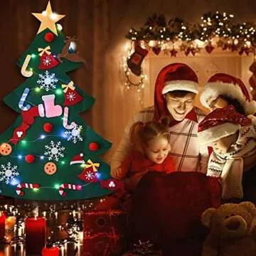 HOTCOK Felt Christmas Tree,3.7ft DIY Christmas Tree with LED Lights 36pcs Detachable Ornaments,Wall Hanging Xmas Gifts Decorations for Kids