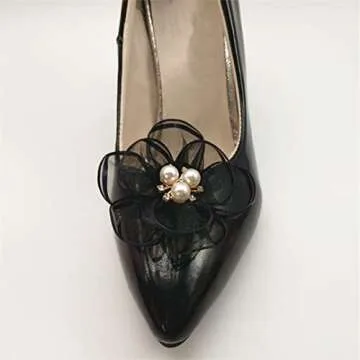 Tsangbaby 2 Pcs Pearl Flowers Shoe Clips Exquisite Rhinestone Shoes Charms Lace Floral Shoe Accessory for Wedding Pointed Toe Pumps Black