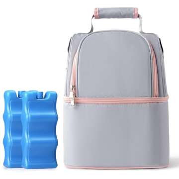 NCVI Breastmilk Cooler Bag with 2 Ice Pack, Breast Pump Bag with Cooler Fits 6 Bottles, Double Layer Breast Milk Baby Bottle Cooler Bag, for Travel, Nursing Mom Daycare, Work, Picnic (Grey)