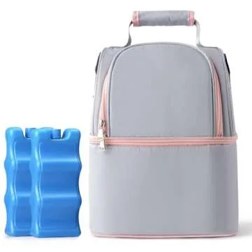 NCVI Breastmilk Cooler Bag with 2 Ice Pack, Breast Pump Bag with Cooler Fits 6 Bottles, Double Layer Breast Milk Baby Bottle Cooler Bag, for Travel, Nursing Mom Daycare, Work, Picnic (Grey)