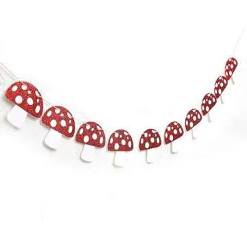 Mushroom Garland - Red Glitter Mushroom Banner, Woodland Party Decor, Mushroom Theme Birthday Decorations, Fairy Party Decor
