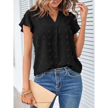 MEROKEETY Women Summer V Neck Ruffle Short Sleeve Blouse Swiss Dot Flowy Shirt Tunic Top Black X-Lar...