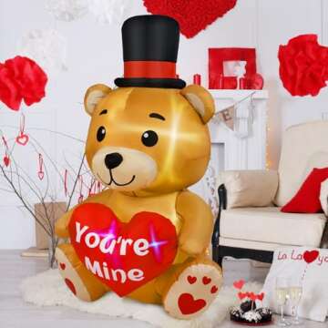 B&D 4FT Valentines Day Inflatable Bear Holding Love Heart, Valentines Day Gifts Blow Up Yard Decorations Built-in RGB LED Lights, Valentines Day Decor for Party Anniversary Wedding Propose Garden Lawn