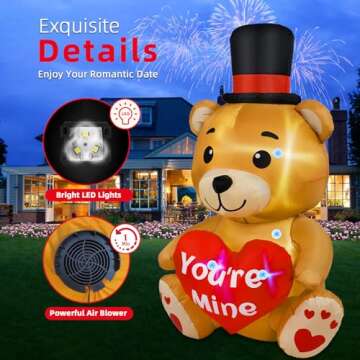 B&D 4FT Valentines Day Inflatable Bear Holding Love Heart, Valentines Day Gifts Blow Up Yard Decorations Built-in RGB LED Lights, Valentines Day Decor for Party Anniversary Wedding Propose Garden Lawn