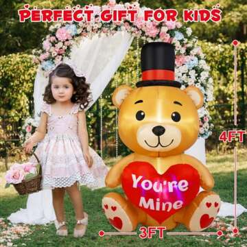 B&D 4FT Valentines Day Inflatable Bear Holding Love Heart, Valentines Day Gifts Blow Up Yard Decorations Built-in RGB LED Lights, Valentines Day Decor for Party Anniversary Wedding Propose Garden Lawn