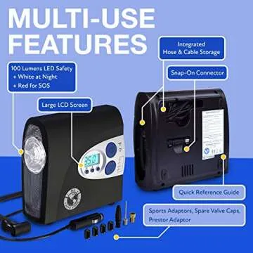 PI Auto Air Compressor - Portable, 12V, Digital Tire Inflator w/Pressure Gauge, Auto-Shut Off and LE...