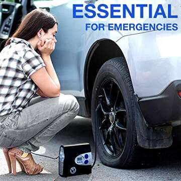 PI Auto Air Compressor - Portable, 12V, Digital Tire Inflator w/Pressure Gauge, Auto-Shut Off and LED Light to Pump Bike or Car Tires and Camping Equipment