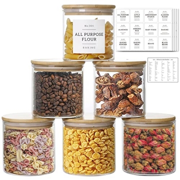 20 OZ Glass Food Storage Jars with Airtight Bamboo Lids - 6 Pcs with Preprinted Labels