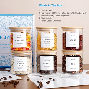 20 OZ Glass Food Storage Jars with Bamboo Lids and Labels