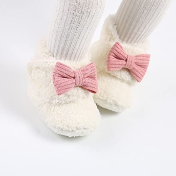Ohwawadi Baby Girl Bow Booties Cozy Fleece Infant Baby Slippers Soft Warm Socks Shoes Newborn Crib Shoes White 0-6 Months