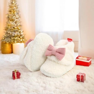 Ohwawadi Baby Girl Bow Booties Cozy Fleece Infant Baby Slippers Soft Warm Socks Shoes Newborn Crib Shoes White 0-6 Months