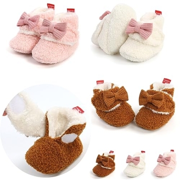 Ohwawadi Baby Girl Bow Booties Cozy Fleece Infant Baby Slippers Soft Warm Socks Shoes Newborn Crib Shoes White 0-6 Months