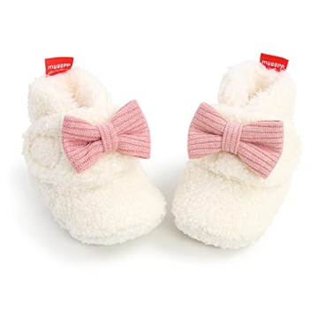 Ohwawadi Baby Girl Bow Booties Cozy Fleece Infant Baby Slippers Soft Warm Socks Shoes Newborn Crib Shoes White 0-6 Months
