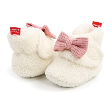 Ohwawadi Baby Girl Bow Booties Cozy Fleece Infant Baby Slippers Soft Warm Socks Shoes Newborn Crib Shoes White 0-6 Months