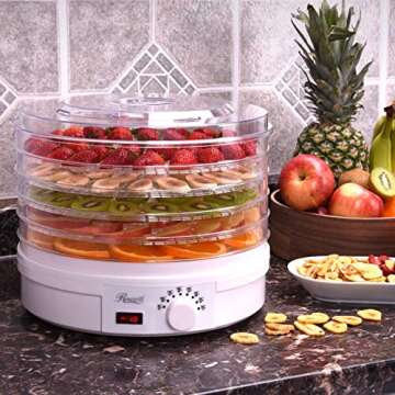 Rosewill Food Fruit Dehydrator Machine, Portable Electric Adjustable Thermostat, BPA Free, 5 Tray, Clear and white