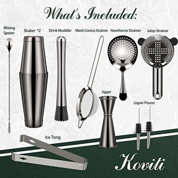 Cocktail Shaker - Koviti 12 Piece Bartender Kit - Stainless Steel Cocktail Shaker Set, Premium Bar Tools : Martini Shaker, Muddler, Jigger, Mixing Spoon, Strainers, Ice Tong, Liquor Pourers