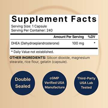NatureBell DHEA 100mg, 240 Capsules | Extra Strength, Micronized Grade for Better Absorption, Supports Energy Level, Metabolism and Healthy Aging for Men and Women, No GMOs and Made in U.S.A