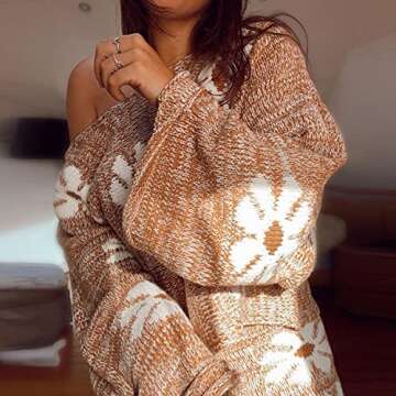 Women 2 Piece Sweater Set Off Shoulder Floral Knit Pullover Top and Zipper Knitted Shorts Suit Spring Outfits (Brown, S)