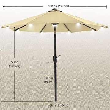 ABCCANOPY 9FT Patio Umbrella Outdoor Solar Umbrella LED Umbrellas with 8LED Bulbs, Tilt and Crank Table Umbrellas for Garden, Deck, Backyard and Pool,12+Colors, (Khaki)