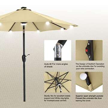 ABCCANOPY 9FT Patio Umbrella Outdoor Solar Umbrella LED Umbrellas with 8LED Bulbs, Tilt and Crank Table Umbrellas for Garden, Deck, Backyard and Pool,12+Colors, (Khaki)