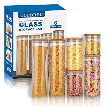 Glass Food Jar Containers Set of 6, Glass Storage Jar with Airtight Bamboo Lids Kitchen Glass Canisters For Coffee, Flour, Sugar, Candy, Cookie, Spice and More