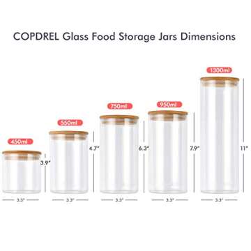 Glass Food Jar Containers Set of 6, Glass Storage Jar with Airtight Bamboo Lids Kitchen Glass Canisters For Coffee, Flour, Sugar, Candy, Cookie, Spice and More
