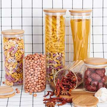 Glass Food Jar Containers Set of 6, Glass Storage Jar with Airtight Bamboo Lids Kitchen Glass Canisters For Coffee, Flour, Sugar, Candy, Cookie, Spice and More