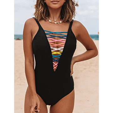 SOFIA'S CHOICE Women's Sexy One Pieces Swimsuit Lace Up Lattice Front Deep V Bathing Suit Black Small