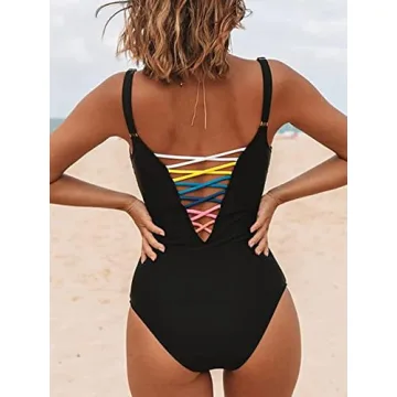 SOFIA'S CHOICE Women's Sexy One Pieces Swimsuit Lace Up Lattice Front Deep V Bathing Suit Black Small