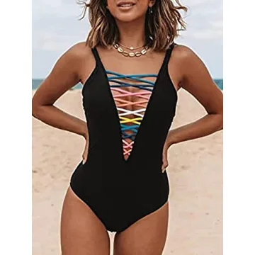 SOFIA'S CHOICE Women's Sexy One Pieces Swimsuit Lace Up Lattice Front Deep V Bathing Suit Black Small