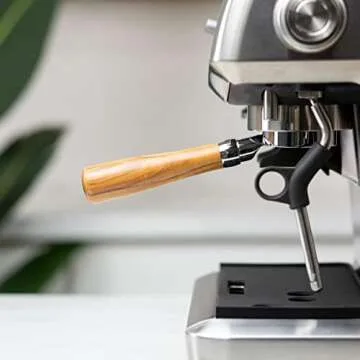 Crema Coffee Products - 54mm Bottomless Naked Portafilter - Filter Basket Included - Compatible with 54mm Breville Machines, Olivewood