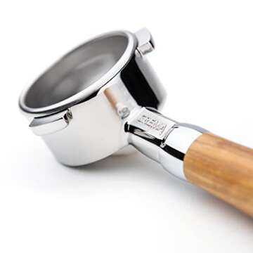 Crema Coffee Products - 54mm Bottomless Naked Portafilter - Filter Basket Included - Compatible with 54mm Breville Machines, Olivewood
