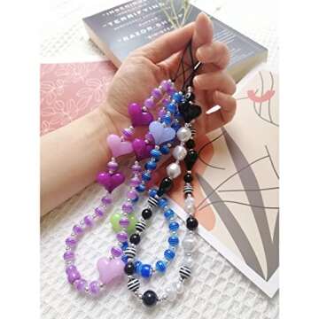 Dropurfon Heart Shape Beaded Phone Charms Kawaii Wrist Strap Acrylic Handmade Rainbow Y2K Accessories Anti-lost Phone Lanyard for Fashion Women Girls Phone Accessory