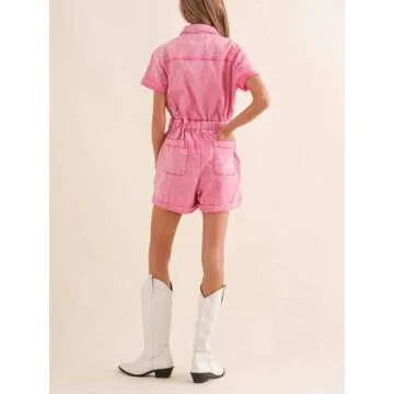 Cicy Bell Women's Summer Short Denim Jumpsuit Jean Rompers Zip Up Elastic Waist Casual Playsuit