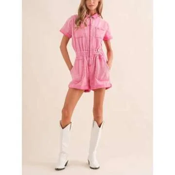 Cicy Bell Women's Summer Short Denim Jumpsuit Jean Rompers Zip Up Elastic Waist Casual Playsuit