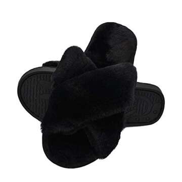 HUMIWA Black Cross Slippers Fuzzy Fluffy Faux Fur House SPA Cute Open Toe Slippers for Women Girl