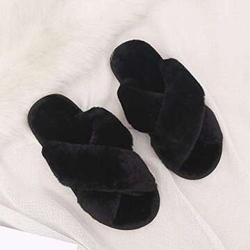 HUMIWA Black Cross Slippers Fuzzy Fluffy Faux Fur House SPA Cute Open Toe Slippers for Women Girl