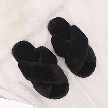 HUMIWA Black Cross Slippers Fuzzy Fluffy Faux Fur House SPA Cute Open Toe Slippers for Women Girl
