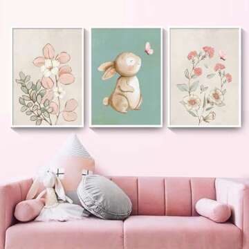 Generic Nursery Wall Art Cute Bunny Botanical Flowers Wall Decor Pink Green Nursery Pictures Posters...