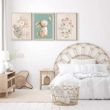 Generic Nursery Wall Art Cute Bunny Botanical Flowers Wall Decor Pink Green Nursery Pictures Posters Girl Bedroom Canvas Prints gifts for Baby Boys and Girls Playroom paintings Unframed(12x16inch)