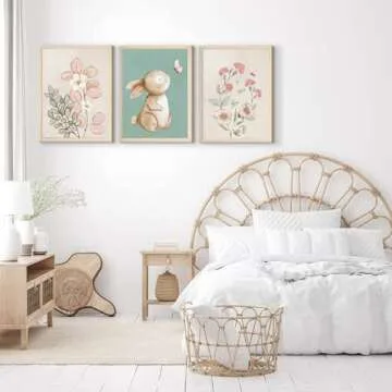 Generic Nursery Wall Art Cute Bunny Botanical Flowers Wall Decor Pink Green Nursery Pictures Posters Girl Bedroom Canvas Prints gifts for Baby Boys and Girls Playroom paintings Unframed(12x16inch)