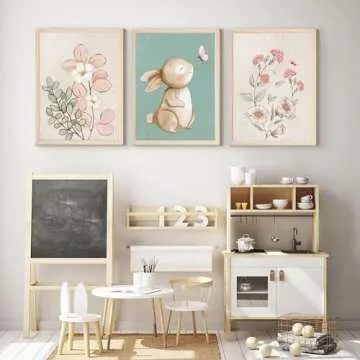 Generic Nursery Wall Art Cute Bunny Botanical Flowers Wall Decor Pink Green Nursery Pictures Posters Girl Bedroom Canvas Prints gifts for Baby Boys and Girls Playroom paintings Unframed(12x16inch)