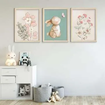 Generic Nursery Wall Art Cute Bunny Botanical Flowers Wall Decor Pink Green Nursery Pictures Posters Girl Bedroom Canvas Prints gifts for Baby Boys and Girls Playroom paintings Unframed(12x16inch)