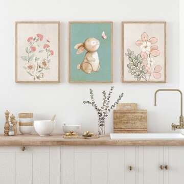 Generic Nursery Wall Art Cute Bunny Botanical Flowers Wall Decor Pink Green Nursery Pictures Posters Girl Bedroom Canvas Prints gifts for Baby Boys and Girls Playroom paintings Unframed(12x16inch)
